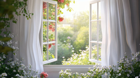 An open window with white curtains gently blowing in the breeze, revealing a view of a blooming flower garden outside.の素材