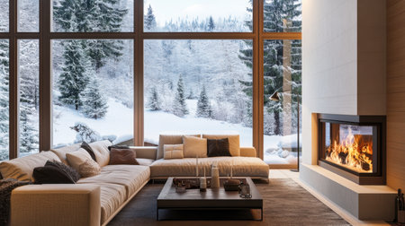 Cozy living room interior with a fireplace, plush sofa, and a large window displaying a picturesque snowy landscape outside.の素材