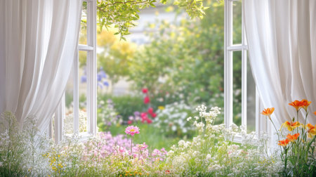 An open window with white curtains gently blowing in the breeze, revealing a view of a blooming flower garden outside.の素材