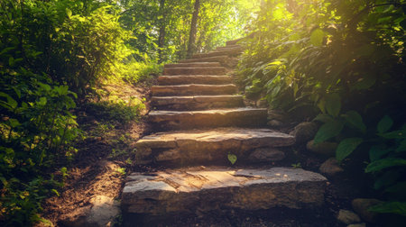 An outdoor stone staircase leading up a hill, surrounded by lush greenery and dappled sunlight filtering through the trees.の素材