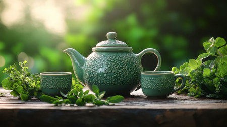 A beautiful green ceramic teapot with matching cups, set on a wooden table surrounded by fresh green herbs.の素材