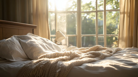 A bed by a large window, with soft sunlight streaming in and a cozy throw blanket draped over the edge.の素材