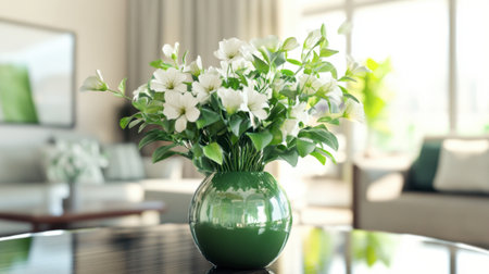 A beautiful green vase with fresh flowers, sitting on a glass dining table in a modern living room.の素材