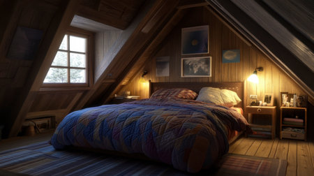A bed in a cozy attic room, with slanted ceilings, soft lighting, and a quilted bedspread.の素材