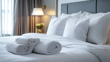 A bed in a luxurious hotel room, with crisp white linens, perfectly arranged pillows, and a folded towel on the bed.の素材