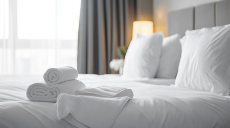 A bed in a luxurious hotel room, with crisp white linens, perfectly arranged pillows, and a folded towel on the bed.の素材