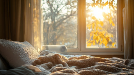 A bed by a large window, with soft sunlight streaming in and a cozy throw blanket draped over the edge.の素材
