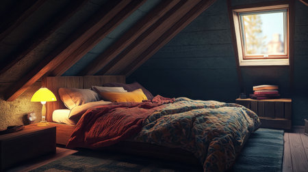 A bed in a small, cozy attic room, with slanted ceilings, warm lighting, and a soft, quilted bedspread.の素材