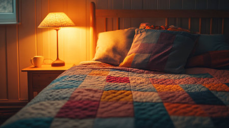 A bed with a colorful patchwork quilt, fluffy pillows, and a bedside lamp casting a warm glow.の素材