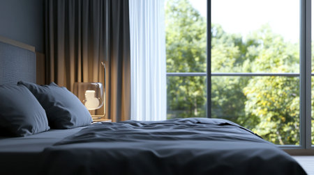 A bed in a modern bedroom with a large window, sleek grey bedding, and a stylish lamp on the bedside table.の素材