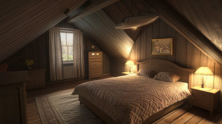 A bed in a cozy attic room, with slanted ceilings, soft lighting, and a quilted bedspread.の素材