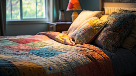 A bed with a colorful patchwork quilt, fluffy pillows, and a bedside lamp casting a warm, inviting glow.の素材