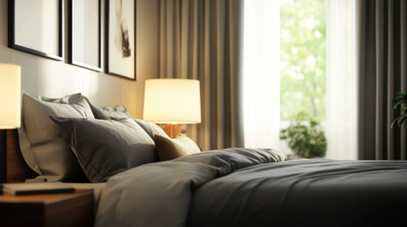 A bed in a modern bedroom with a large window, sleek grey bedding, and a stylish lamp on the bedside table.の素材