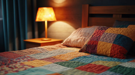 A bed with a colorful patchwork quilt, fluffy pillows, and a bedside lamp casting a warm, inviting glow.の素材