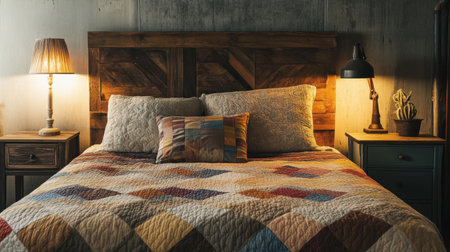 A bed with a handmade quilt, rustic wooden headboard, and vintage nightstands, creating a warm, inviting space.の素材