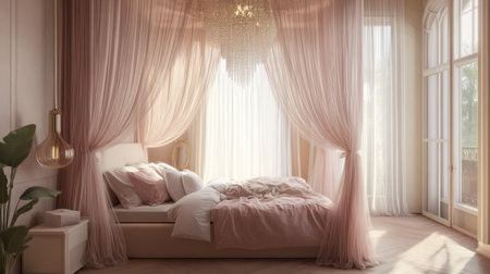 A canopy bed with sheer curtains, soft pastel bedding, and a decorative chandelier, creating a dreamy bedroom setting.の素材