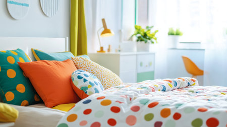 A children's bed with a fun themed duvet, colorful pillows, and playful wall decals in a bright, cheerful room.の素材
