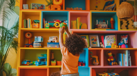 A child reaching up to grab a toy from a colorful shelf in a playroom, surrounded by books and playful decor.の素材
