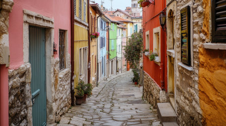 A charming old town with narrow streets, colorful facades, and historic buildings.の素材