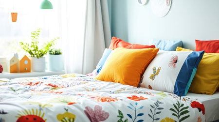 A children's bed with a fun themed duvet, colorful pillows, and playful wall decals in a bright, cheerful room.の素材