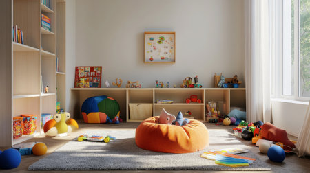 A children's playroom filled with colorful toys, books, and a soft rug, creating a fun and inviting space for play.の素材