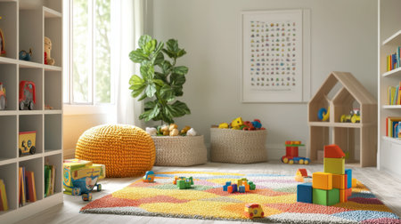 A children's playroom filled with colorful toys, books, and a soft rug, creating a fun and inviting space for play.の素材