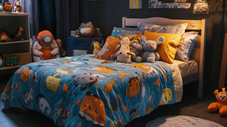 A children's bed with a fun, themed bedspread, surrounded by stuffed animals and playful decor.の素材