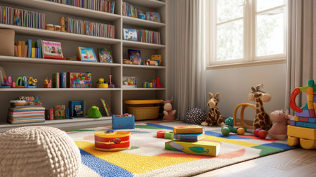 A children's playroom filled with colorful toys, books, and a soft rug, creating a fun and inviting space for play.の素材