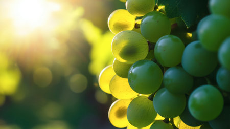 A close-up of green grape clusters on the vine, with sunlight highlighting their freshness and ripeness.の素材