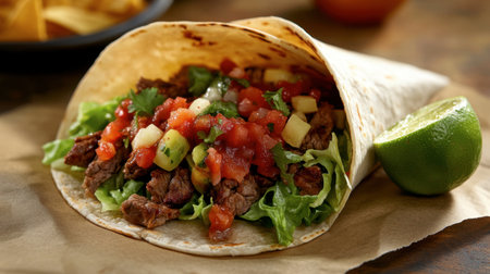 A classic taco with seasoned beef, lettuce, cheese, and salsa, served with a wedge of lime and a side of nachos.の素材