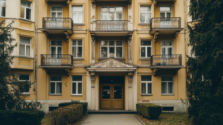 A classic apartment building with ornate balconies, decorative trim, and a well-maintained entrance area.の素材