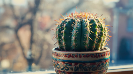 A close-up of a green cactus with spiky texture, sitting in a decorative pot on a windowsill.の素材