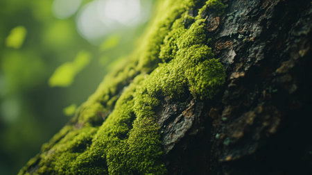 A close-up of green moss growing on a tree trunk, highlighting the rich textures and natural beauty.の素材