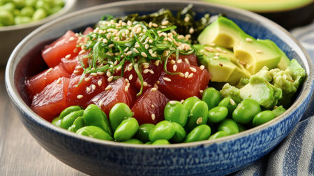 A colorful bowl of poke with tuna, avocado, edamame, seaweed salad, and a drizzle of soy sauce, garnished with sesame seeds.の素材