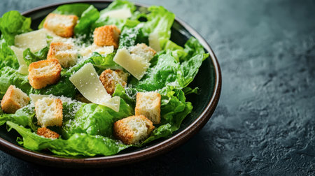 A classic Caesar salad with crisp romaine lettuce, croutons, Parmesan cheese, and a tangy Caesar dressing.の素材