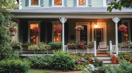 A cozy bed and breakfast with a charming exterior, flower boxes, and a welcoming porch.の素材