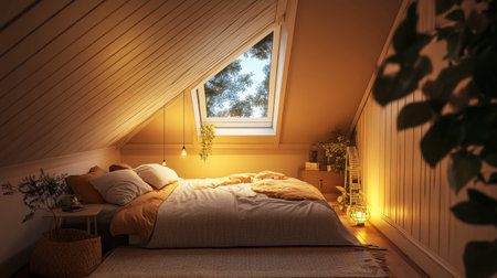 A cozy attic room with slanted ceilings, a small bed, and a skylight offering a view of the night sky.の素材