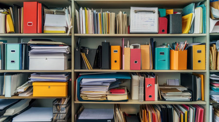 A cluttered office shelf filled with binders, files, and office supplies, representing a busy work environment.の素材