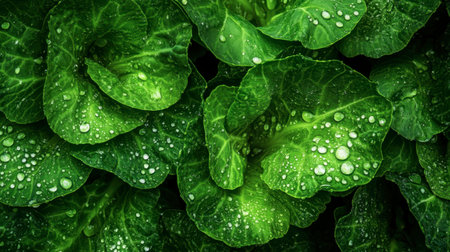 A close-up of green cabbage leaves with a dewy surface, showcasing their vibrant color and texture.の素材