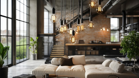 A cluster of exposed light bulbs hanging from the ceiling in a modern loft, creating a warm, inviting atmosphere.の素材