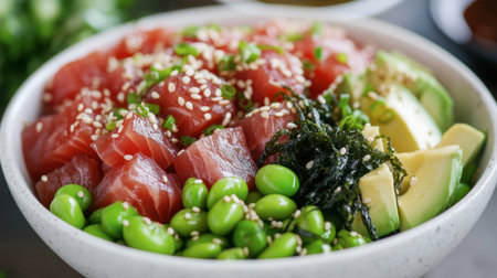 A colorful bowl of poke with tuna, avocado, edamame, seaweed salad, and a drizzle of soy sauce, garnished with sesame seeds.の素材