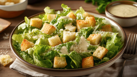 A classic Caesar salad with crisp romaine lettuce, croutons, Parmesan cheese, and a tangy Caesar dressing.の素材