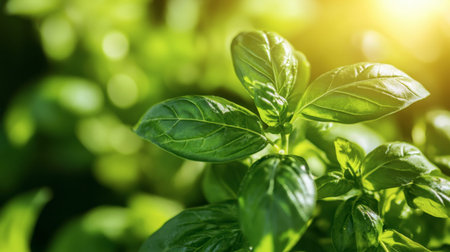 A close-up of fresh green basil leaves, with a hint of sunlight highlighting their vibrant color.の素材