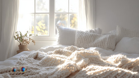A cozy bed with white linens, fluffy pillows, and a knit throw blanket, bathed in soft morning light.の素材