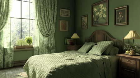 A cozy bedroom featuring green walls, a green quilted bedspread, and matching curtains, creating a restful retreat.の素材