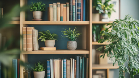 A contemporary bookshelf with a mix of books, decorative items, and indoor plants, creating a balanced, stylish look.の素材