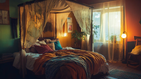 A cozy bedroom with a four-poster bed, layered with blankets and pillows, creating a warm and inviting space.の素材
