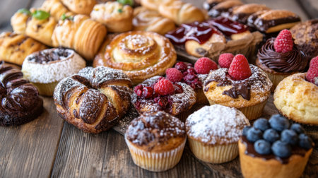 A delectable assortment of fresh pastries including danishes, muffins, and scones, displayed on a rustic wooden table.の素材