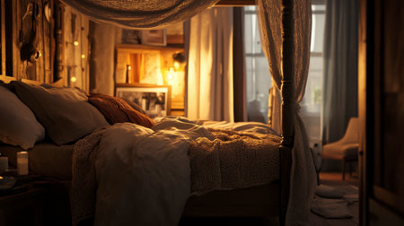 A cozy bedroom with a four-poster bed, layered with blankets and pillows, creating a warm and inviting space.の素材