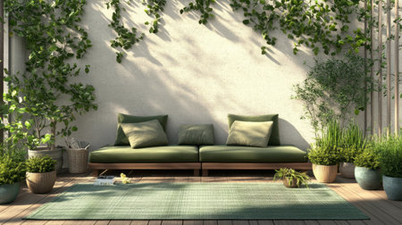 A cozy outdoor patio with green cushions, a green rug, and potted plants, perfect for enjoying a sunny day.の素材